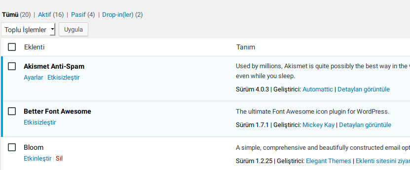 aktif ve pasif wp eklentileri 