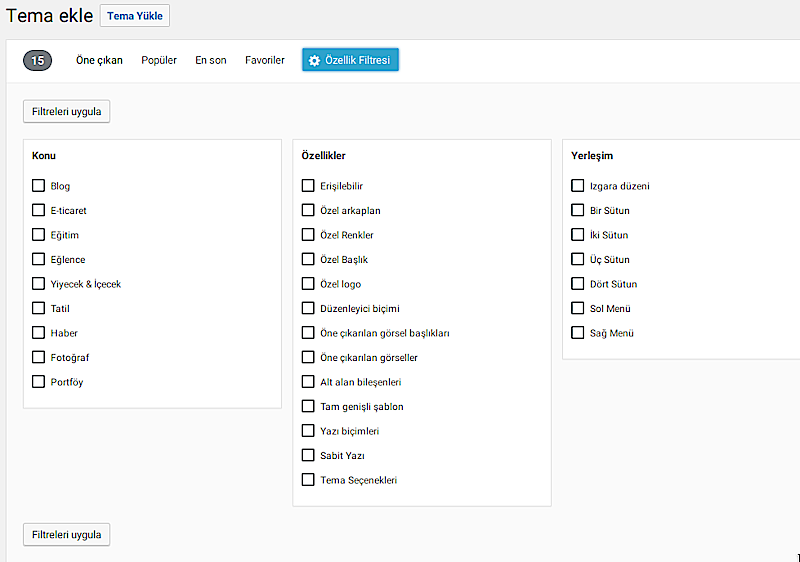 WordPress tema filitre ekranı